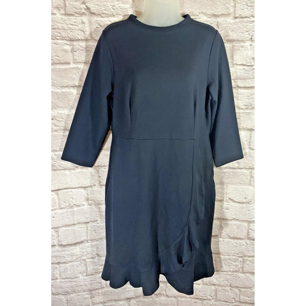 NEW J Jill Navy Ponte Knit Faux Wrap Midi Dress Navy Blue Ruffle Stretch Medium